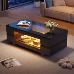 Matteo Modern Black LED Coffee Table - High Gloss, Open Storage, Glass Top - thumbnail 3