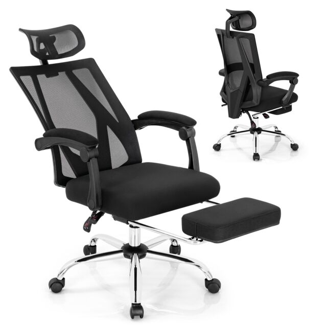 Costway Ergonomic Executive Office Chair High Back Reclining Chair Retractable Footrest in Black - image 1