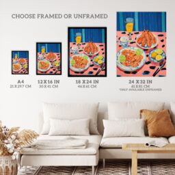 "Wee Blue Coo Wall Art Print Party Shrimp Oil Painting Yellow Pink Blue Dinner Served on Leopard Table Art Framed - Size: W12"" x H16""" - thumbnail 3