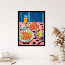 "Wee Blue Coo Wall Art Print Party Shrimp Oil Painting Yellow Pink Blue Dinner Served on Leopard Table Art Framed - Size: W12"" x H16""" - thumbnail 4