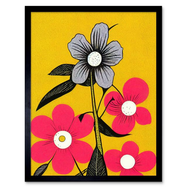 "Artery8 Wall Art Print Bold Flowers Linocut Pink & Mustard Yellow Art Framed in Black - Size: W12"" x H16""" - image 1