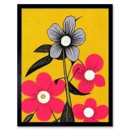 "Artery8 Wall Art Print Bold Flowers Linocut Pink & Mustard Yellow Art Framed in Black - Size: W12"" x H16""" - thumbnail 1