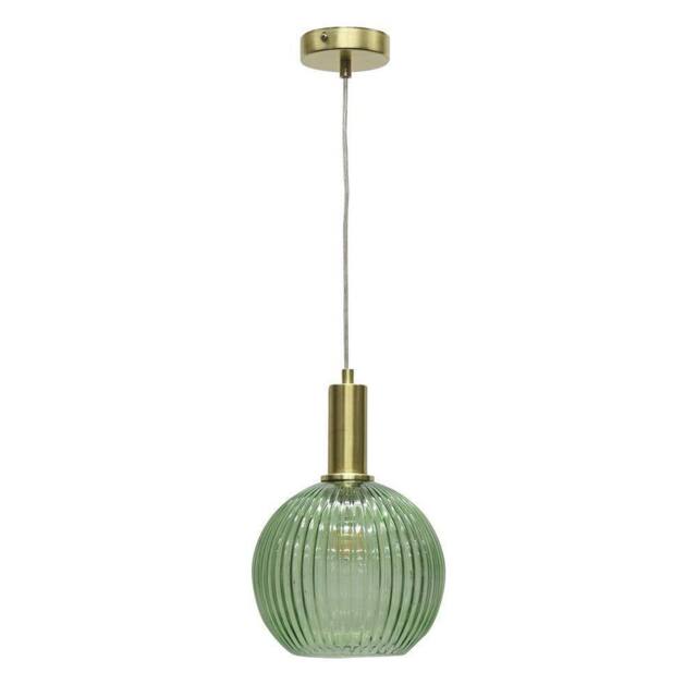 First Choice Lighting Betchley - Green Ribbed Glass Globe Satin Brass Deco Pendant Fitting - image 1