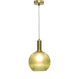 First Choice Lighting Betchley - Green Ribbed Glass Globe Satin Brass Deco Pendant Fitting - thumbnail 2