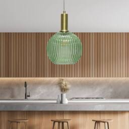 First Choice Lighting Betchley - Green Ribbed Glass Globe Satin Brass Deco Pendant Fitting - thumbnail 3