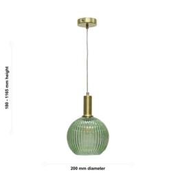 First Choice Lighting Betchley - Green Ribbed Glass Globe Satin Brass Deco Pendant Fitting - thumbnail 5
