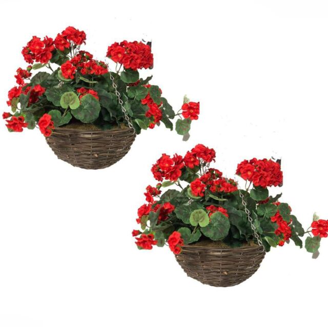 Primrose Pair of Large Artificial Geranium Flowers Rattan Hanging Basket Decoration Red 30cm - image 1