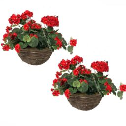 Primrose Pair of Large Artificial Geranium Flowers Rattan Hanging Basket Decoration Red 30cm - thumbnail 1