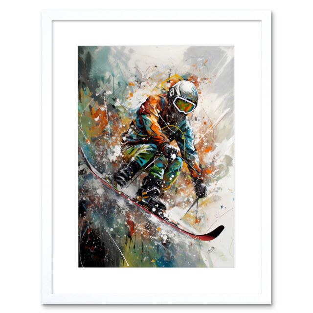 "Artery8 Wall Art Print Skier Skiing Winter Sport Paint Splat Painting Artwork Framed 9X7 Inch in White - Size: W7"" x H9""" - image 1