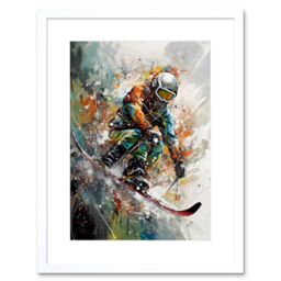 "Artery8 Wall Art Print Skier Skiing Winter Sport Paint Splat Painting Artwork Framed 9X7 Inch in White - Size: W7"" x H9""" - thumbnail 1