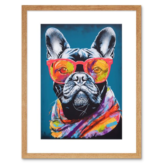 "Artery8 Wall Art Print English Bulldog with Neon Bandana & Sunglasses Artwork Framed 9X7 Inch in Beige - Size: W7"" x H9""" - image 1
