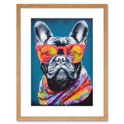 "Artery8 Wall Art Print English Bulldog with Neon Bandana & Sunglasses Artwork Framed 9X7 Inch in Beige - Size: W7"" x H9""" - thumbnail 1