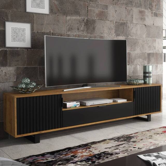 Creative Furniture Blackridge TV Unit 200cm - Dark Oak with Black Fluted Doors & Drawer in Dark Brown - image 1