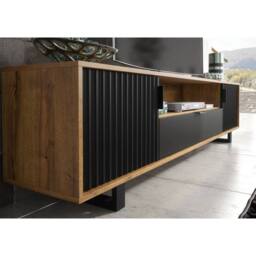 Creative Furniture Blackridge TV Unit 200cm - Dark Oak with Black Fluted Doors & Drawer in Dark Brown - thumbnail 3