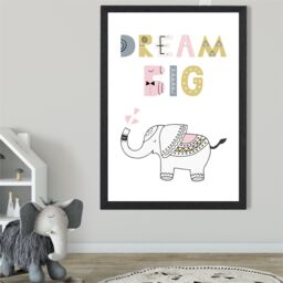 ARTZE Cute Dream Big Elephant Scandi Quote Framed Print SIZE: A4 with Black Frame in Pink - thumbnail 2