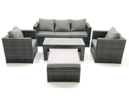 Fimous Rattan Garden Furniture Set Outdoor Lounger Sofa with Coffee Table 2 Armchair Big Footstool Dark Grey Mixed - thumbnail 2