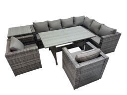 Fimous 8 Seater Patio Dining Corner Sofa Sets with 2 Chairs Side Table in Dark Grey - thumbnail 1