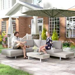 OUTSUNNY 3 Pieces Rattan Wicker Sofa Set Patio Furniture Set with Tea Table Cushions in Grey - thumbnail 1