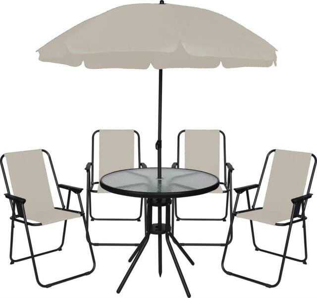 OHS 6 Piece Patio Set Outdoor Table Chairs Parasol Garden Furniture in Cream - image 1