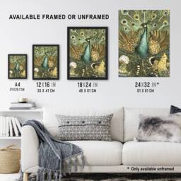 Artery8 Peacock with Hens Painting Vintage Framed Wall Art Print van Hoytema in Green - Size: A4 - thumbnail 3