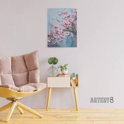 "Artery8 Cherry Blossoms Thick Paint Flowers Canvas Wall Art Print in Pink - Size: W24"" x H32""" - thumbnail 3