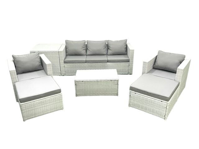Fimous Rattan Garden Furniture Set with 3 Seater Sofa 2 Chair Rectangular Coffee Table 2 Big Footstools Side Table Light Grey Mixed 7 Seater - image 1