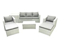Fimous Rattan Garden Furniture Set with 3 Seater Sofa 2 Chair Rectangular Coffee Table 2 Big Footstools Side Table Light Grey Mixed 7 Seater - thumbnail 1