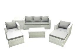 Fimous Rattan Garden Furniture Set with 3 Seater Sofa 2 Chair Rectangular Coffee Table 2 Big Footstools Side Table Light Grey Mixed 7 Seater - thumbnail 2
