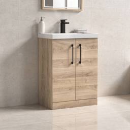 Balterley Contemporary Bathroom Floor 2-Door Vanity & Basin, Bleached Oak, 600mm in Brown - thumbnail 3