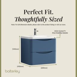 Balterley Wall Hung 2 Drawer Bathroom Vanity Unit & Basin, Satin Blue, 550mm in Blue - thumbnail 5