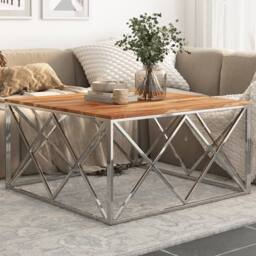 Berkfield Home Modern Coffee Table Silver Stainless Steel & Solid Acacia Wood - thumbnail 2
