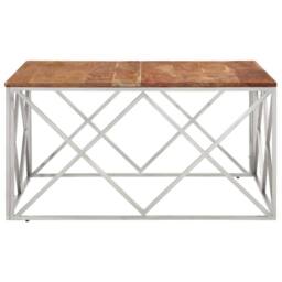 Berkfield Home Modern Coffee Table Silver Stainless Steel & Solid Acacia Wood - thumbnail 4