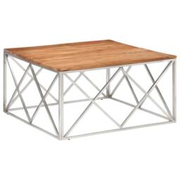 Berkfield Home Modern Coffee Table Silver Stainless Steel & Solid Acacia Wood - thumbnail 3