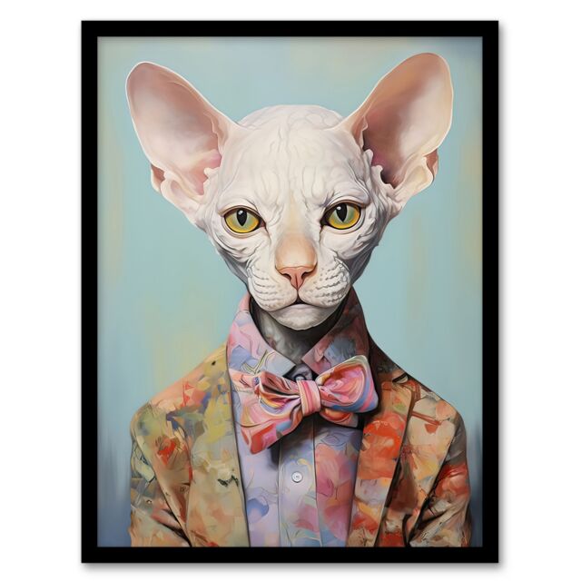 Artery8 Wall Art Print Stylish Sphynx Cat Oil Painting Pastel Colour Pet Portrait in Suit & Bow Tie Artwork Framed - Size: A4 - image 1