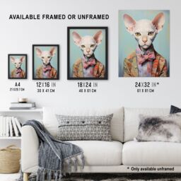 Artery8 Wall Art Print Stylish Sphynx Cat Oil Painting Pastel Colour Pet Portrait in Suit & Bow Tie Artwork Framed - Size: A4 - thumbnail 3