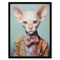 Artery8 Wall Art Print Stylish Sphynx Cat Oil Painting Pastel Colour Pet Portrait in Suit & Bow Tie Artwork Framed - Size: A4 - thumbnail 1