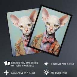 Artery8 Wall Art Print Stylish Sphynx Cat Oil Painting Pastel Colour Pet Portrait in Suit & Bow Tie Artwork Framed - Size: A4 - thumbnail 2