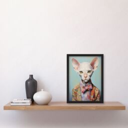 Artery8 Wall Art Print Stylish Sphynx Cat Oil Painting Pastel Colour Pet Portrait in Suit & Bow Tie Artwork Framed - Size: A4 - thumbnail 4