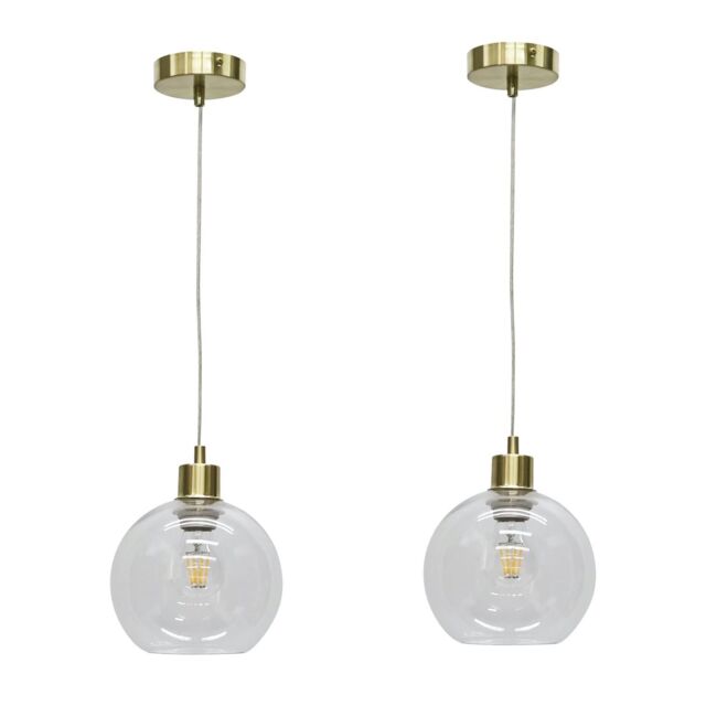 First Choice Lighting Set of 2 Barnum - Clear Glass Globe with Satin Brass Pendant Fittings - image 1