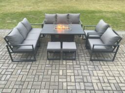 Fimous Aluminium Outdoor Garden Furniture Set Patio Lounge Sofa Gas Fire Pit Dining Table Set with 2 Small Footstools Dark Grey - thumbnail 1