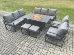 Fimous Aluminium Outdoor Garden Furniture Set Patio Lounge Sofa Gas Fire Pit Dining Table Set with 2 Small Footstools Dark Grey - thumbnail 2