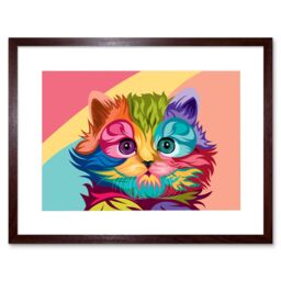 "Artery8 Wall Art Print Cat Cute Colourful Art Framed 9x7 inch in Brown - Size: W7"" x H9""" - thumbnail 1
