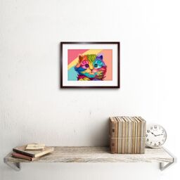 "Artery8 Wall Art Print Cat Cute Colourful Art Framed 9x7 inch in Brown - Size: W7"" x H9""" - thumbnail 2
