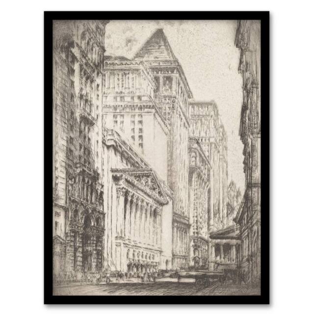 Artery8 Joseph Pennell New York Stock Exchange Cityscape Framed Wall Art Print in Grey - Size: A4 - image 1