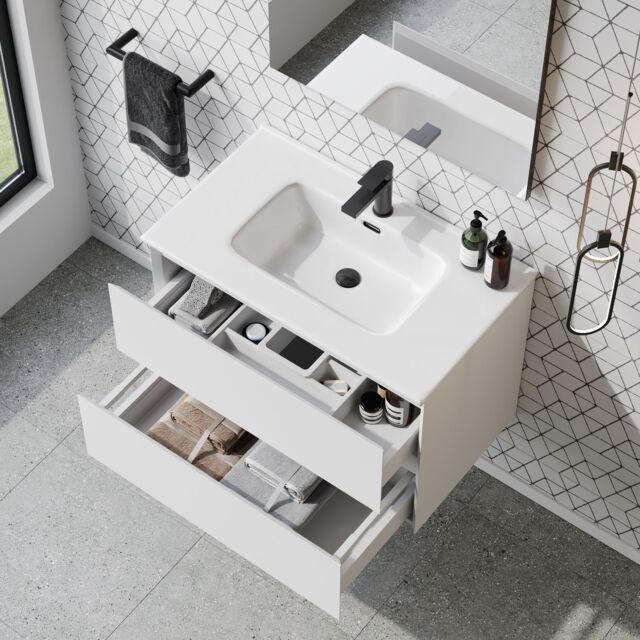 Banyetti Kameo 800mm WallHung 2 Drawer Vanity Unit with Athena Basin-Matt White - image 1