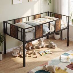 Costway Low Loft Bed Single Size Kids Loft Bed w/ Ladder & Guardrail Bed Frame in Brown