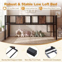 Costway Low Loft Bed Single Size Kids Loft Bed w/ Ladder & Guardrail Bed Frame in Brown - thumbnail 5