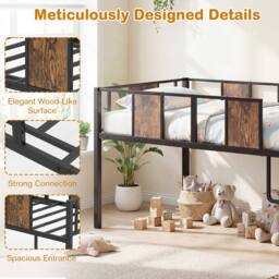 Costway Low Loft Bed Single Size Kids Loft Bed w/ Ladder & Guardrail Bed Frame in Brown - thumbnail 7