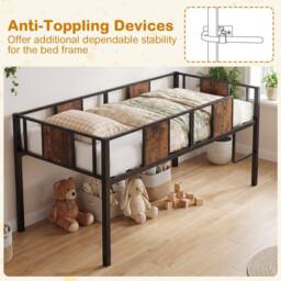 Costway Low Loft Bed Single Size Kids Loft Bed w/ Ladder & Guardrail Bed Frame in Brown - thumbnail 4