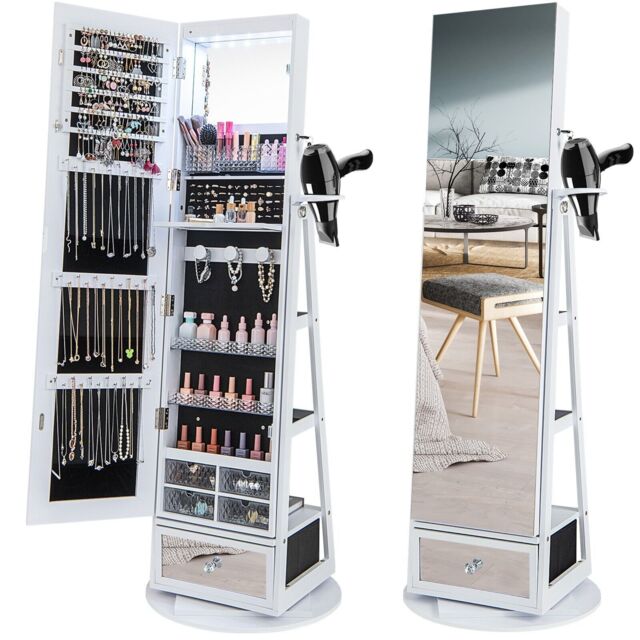 Costway Floor Standing Swivel Jewelry Cabinet Lockable Jewelry Armoire w/ FullLength Mirror &Lights in White - image 1